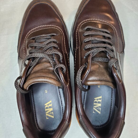 ZARA Men's Brown Leather Lace Up Trainers - Size 41 - Picture 6 of 7